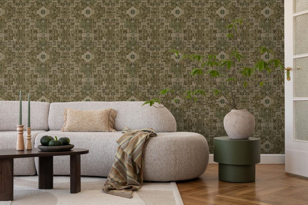 TAPETE orientalisches Kelim-Patchwork 50 x 900 cm - Grün, Papier (50/900cm) - ESTAhome
