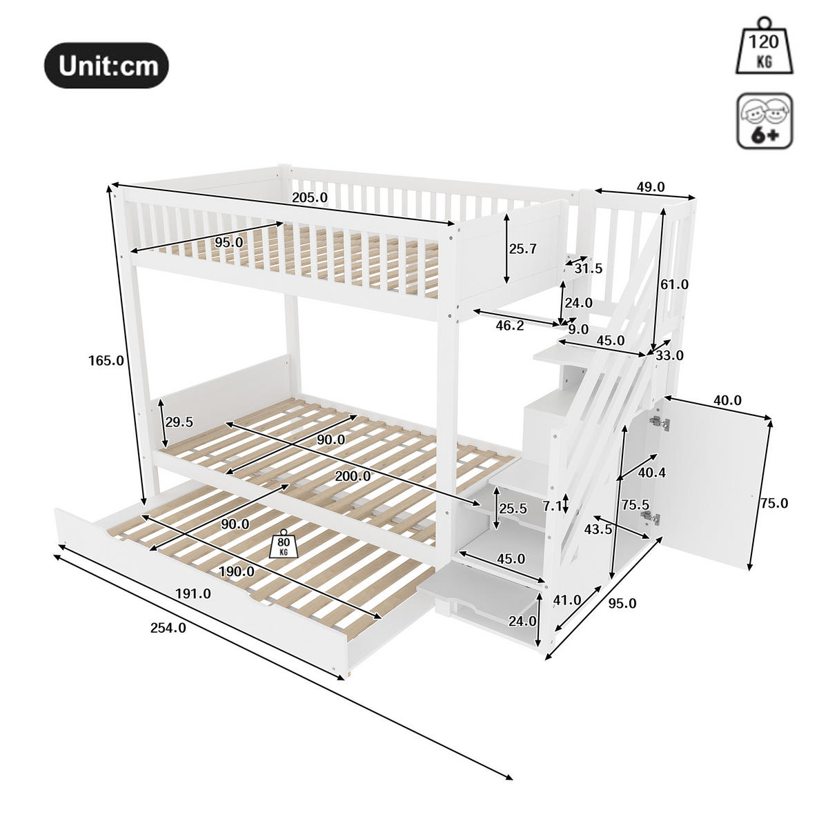 ETAGENBETT 90/200 cm Weiß mit Ausziehbett und Kleiderschrank aus Kiefernholz - Weiß, Holz (90/200cm) - OKWISH