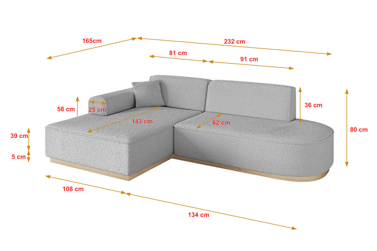 ECKSOFA Ottomane Links IREA-L1 - 232x165x80 cm Hellgrau - Hellgrau, Holzwerkstoff/Textil (232/165cm) - ALTDECOR