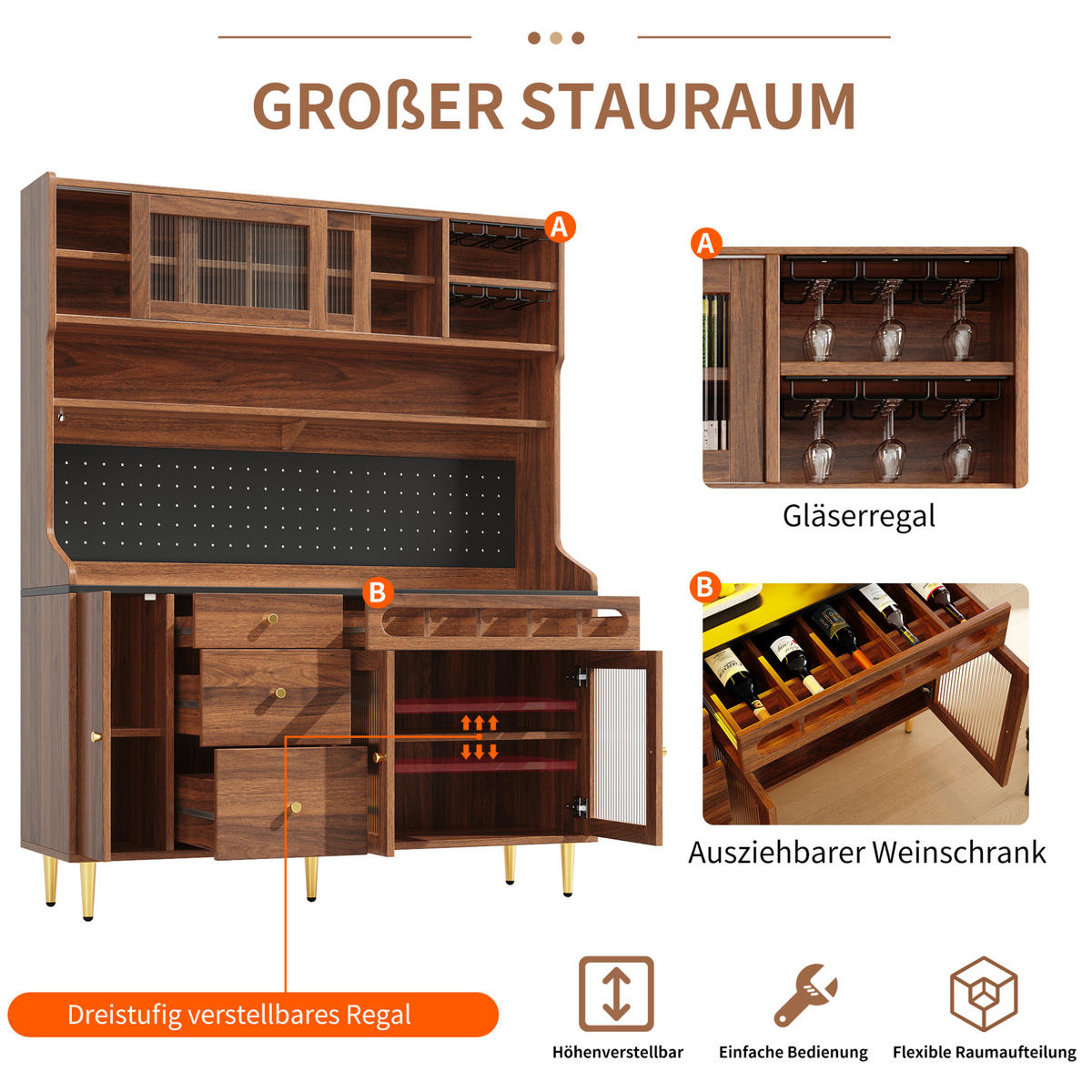 BUFFET 145/39/171 cm aus MDF und Glas mit LED-Beleuchtung und Weinregal Walnussfarben - Walnussfarben, Holzwerkstoff (145/171/39cm) - Modenvie