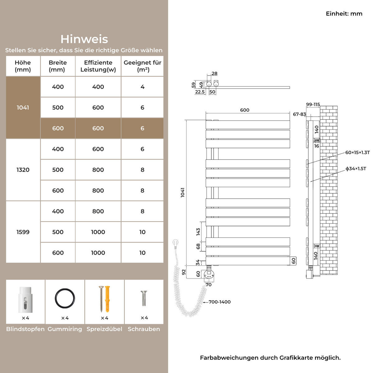 HANDTUCHHEIZKÖRPER 104,1/60 cm weiß elektrisch 600 W mit WLAN-Thermostat - Weiß, Metall (60/104/5.9cm) - S'AFIELINA