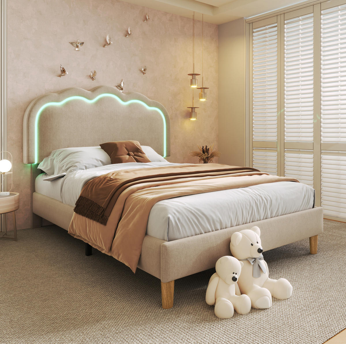POLSTERBETT mit LED und verstellbarem Kopfteil 90x200 cm Leinen Beige - Beige, Metall (90/200cm) - Beauniv