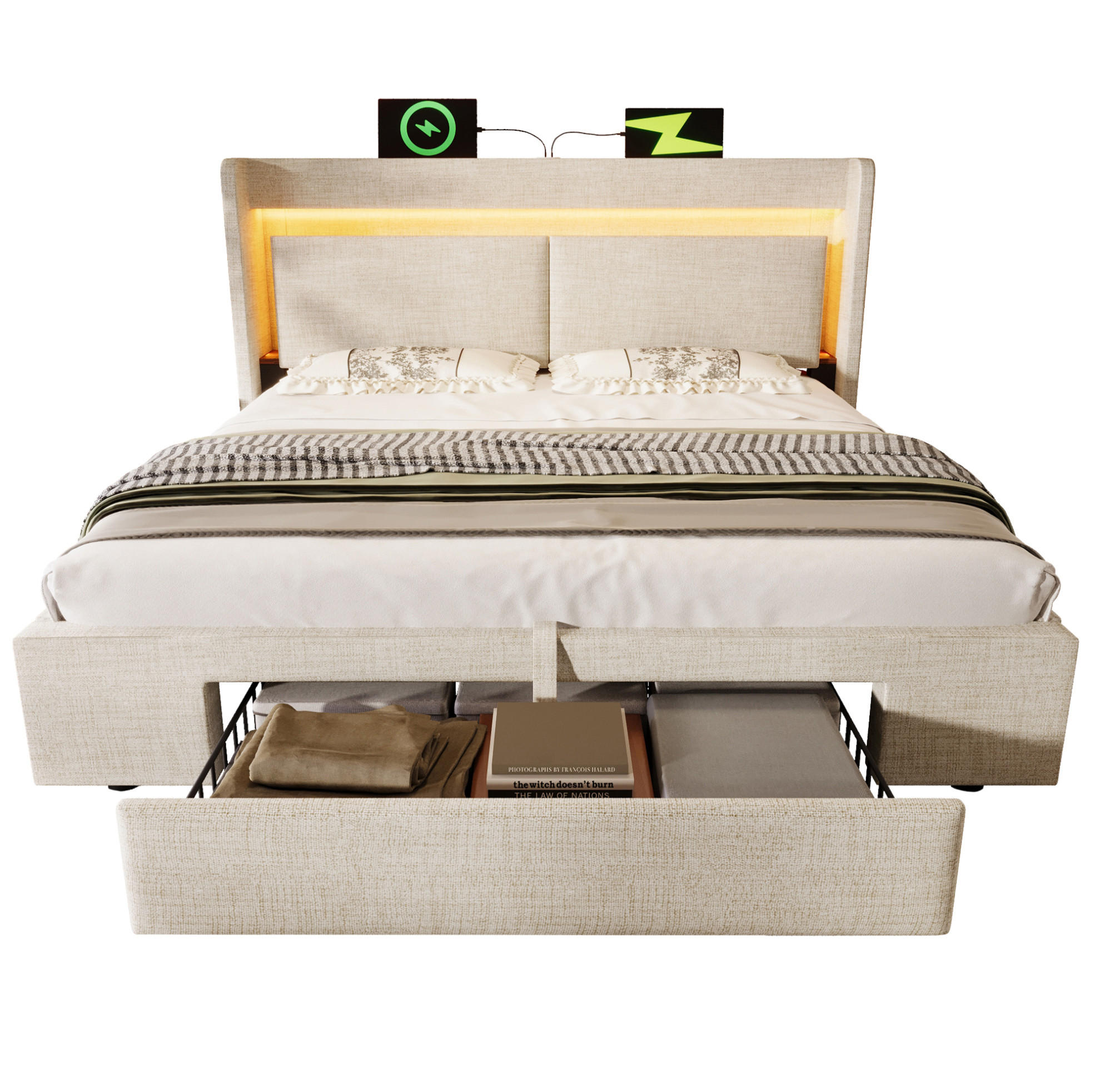 POLSTERBETT 140/200 cm mit Bettkasten, LED-Beleuchtung und gepolstertem Kopfteil - Beige, Textil (140/200cm) - BEAOK