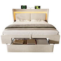 POLSTERBETT 140/200 cm mit Bettkasten, LED-Beleuchtung und gepolstertem Kopfteil - Beige, Textil (140/200cm) - BEAOK