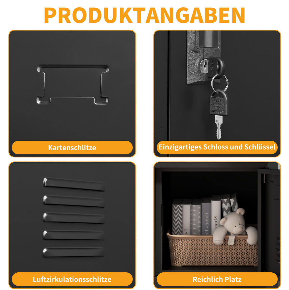 METALLSCHRANK 90/40/100 cm mit 6 Türen und Schlössern – schwarz - Schwarz, Metall (40/100/90cm) - BEAOK