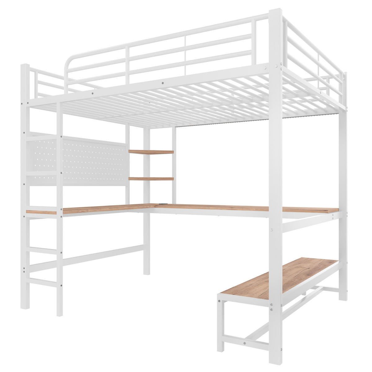 HOCHBETT 140/200 cm Weiß mit Schreibtisch und LED-Beleuchtung aus Metall - Weiß, Metall (140/200cm) - OKWISH