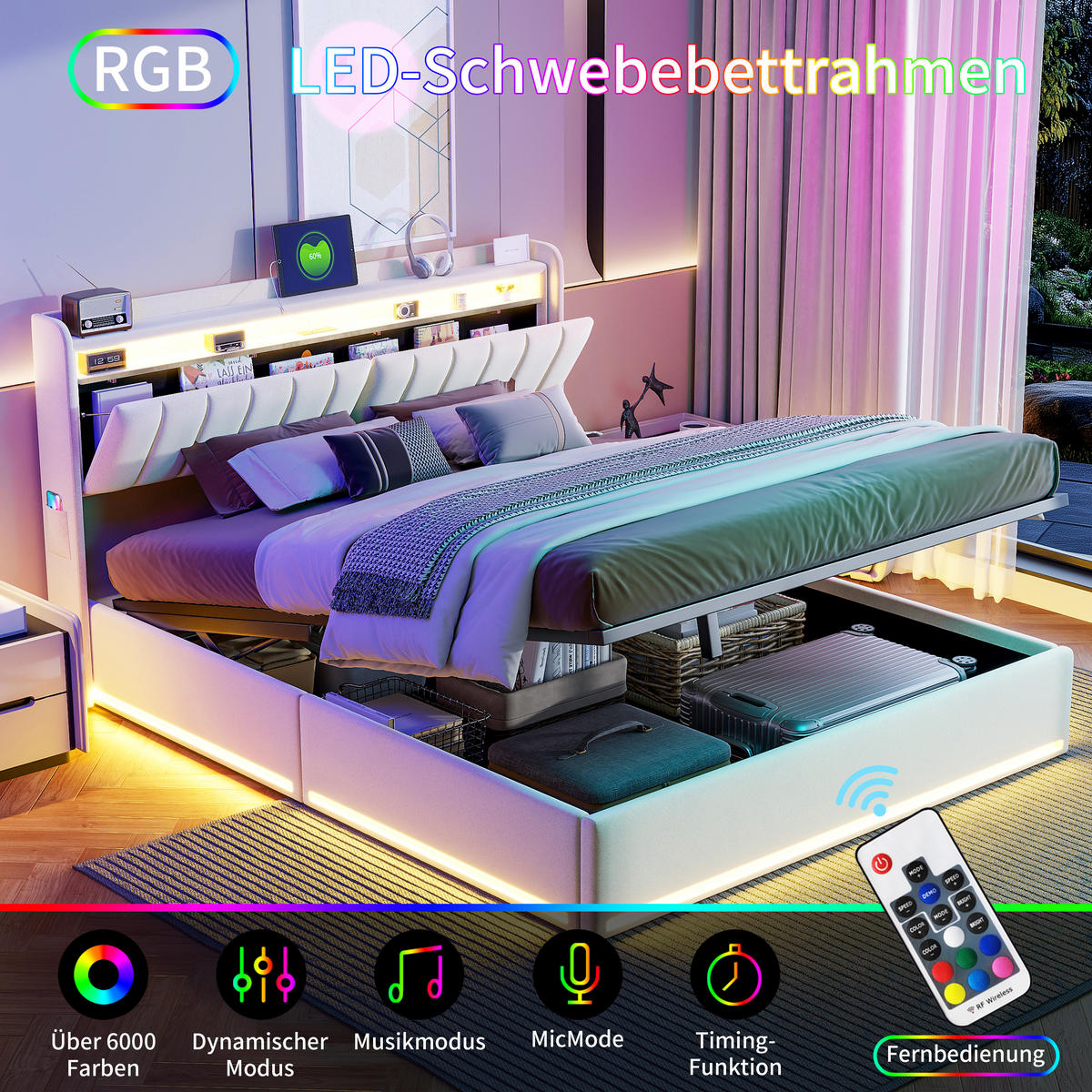 POLSTERBETT 140x190 cm Beige mit LED, USB- und USB-C, Stauraum & Bettkasten - Beige, Holz (140/190cm)