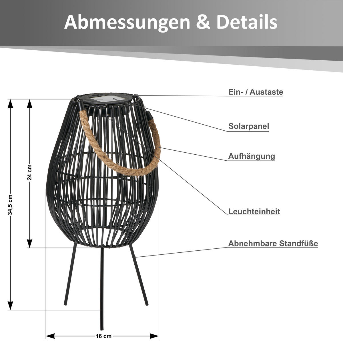 SOLAR-GEFLECHTLATERNE Oval Schwarz Ø18 5cmx24cm Kunststoff-Rattan-Metall - Schwarz, Metall (16/16/35cm) - Northpoint