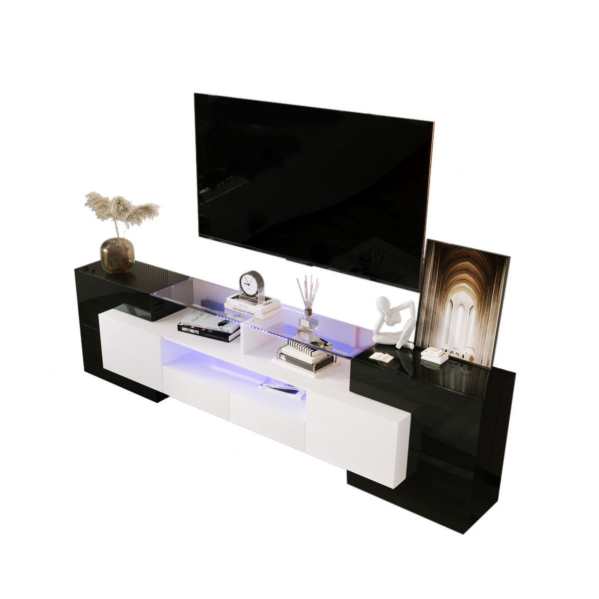 TV-RACK 200x35x60cm HochglanzWeißSchwarz mit LEDBeleuchtung Glasplatte - Schwarz, Holz (41.5/37.2/63.2cm) - Raelunyi