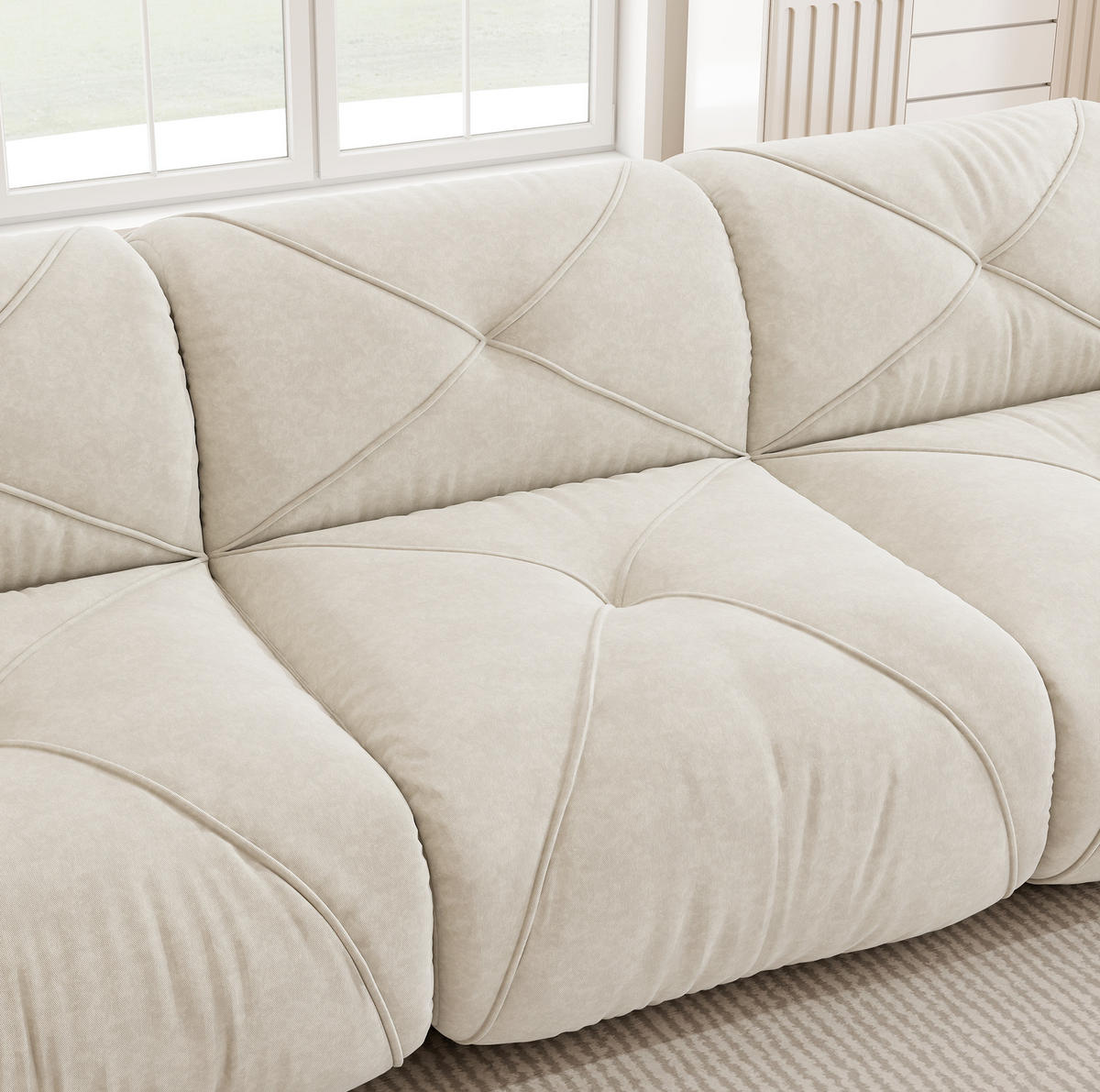 2-SITZER-MODULSOFA aus Chenille Hellbeige mit Hocker, rahmenlosem Design und 32D-Hochdichteschaum - Weiß, Textil (204/76/171cm) - Modfu