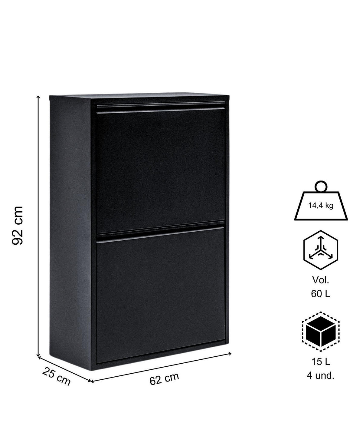 MÜLLEIMER 4 Fach Schwarz Mülltrennsystem aus Metall - Schwarz, Metall (62/92/25cm) - Gowoll