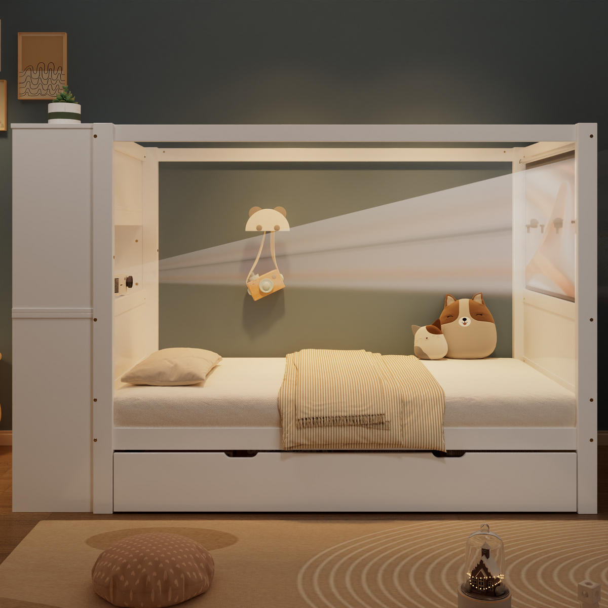 EINZELBETT 90/200 cm Weiß mit Stauraum und Fallschutz aus Kieferholz und MDF - Weiß, Holzwerkstoff (90/200cm) - OKWISH