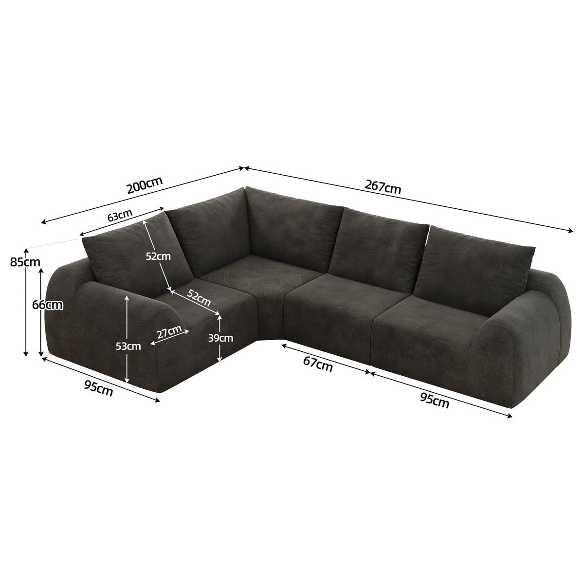 ECKSOFA 367/200/85 cm Dunkelgrau Chenille - Dunkelgrau, Textil (367/200cm) - Oxeza