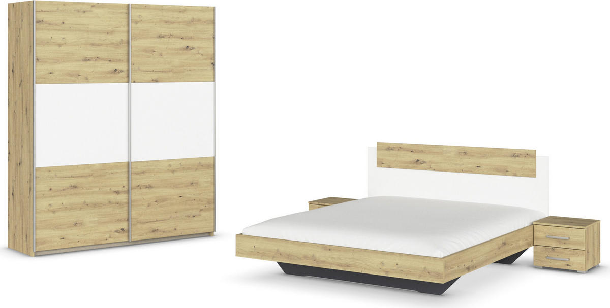 SCHLAFZIMMER Borba in Eiche und Weiß 4 teilig – mit Bettanlage 160x200cm, zwei Nachttisch und Schwebetürenschrank 175cm Breite - Braun, Holzwerkstoff (80/200/120cm)