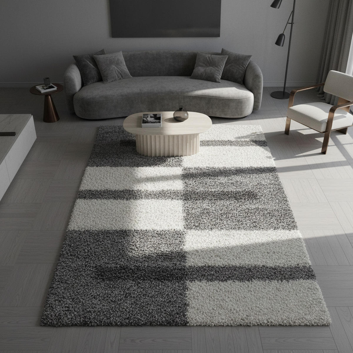 HOCHFLORTEPPICH Shaggy Kariert Kuschelig Waschbar Wohnzimmer Hellgrau 80x150 cm – WERFEN - Grau, Textil (80/150cm) - KADIMA DESIGN