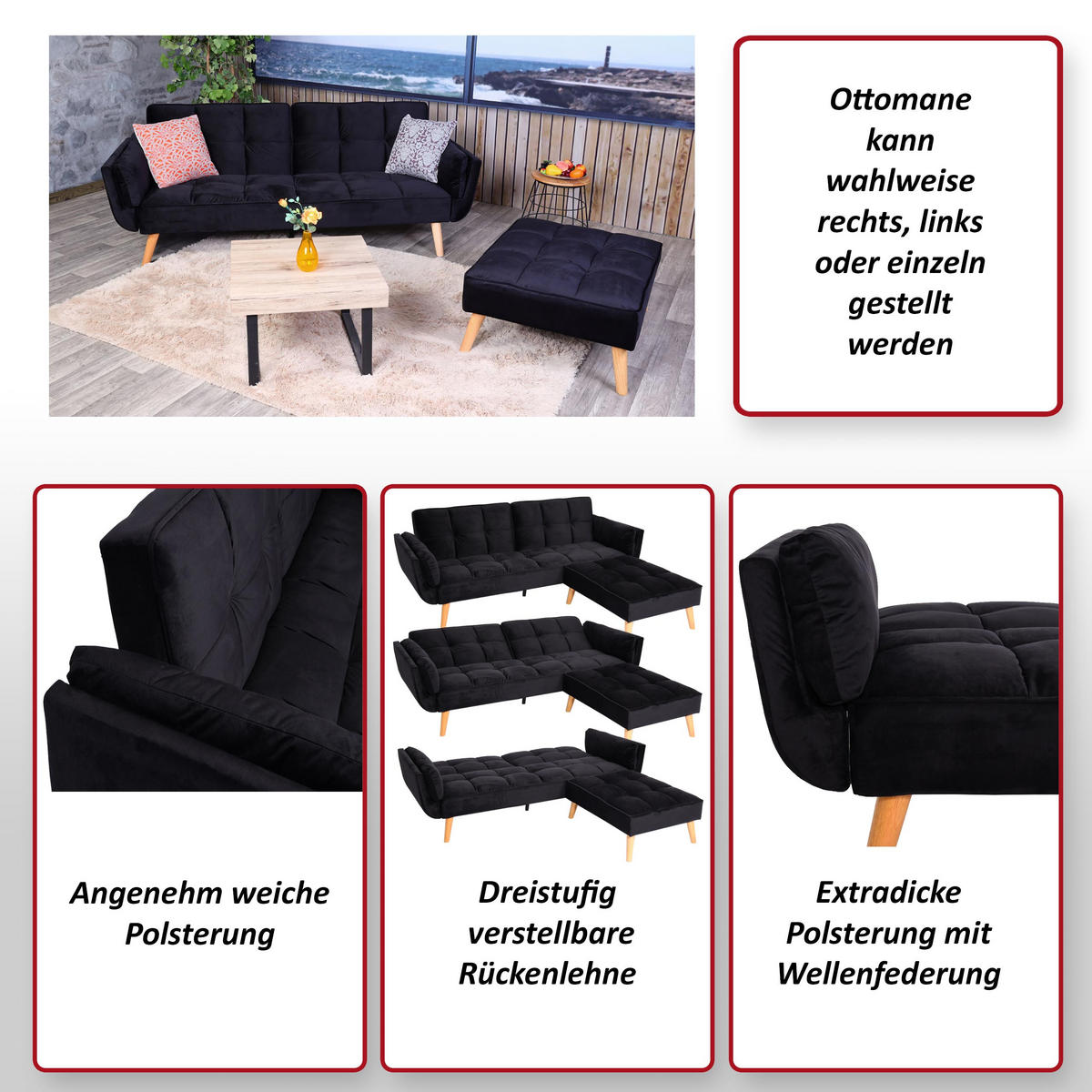 SCHLAFSOFA Schwarz - Schwarz, Textil (218/175cm) - MCW