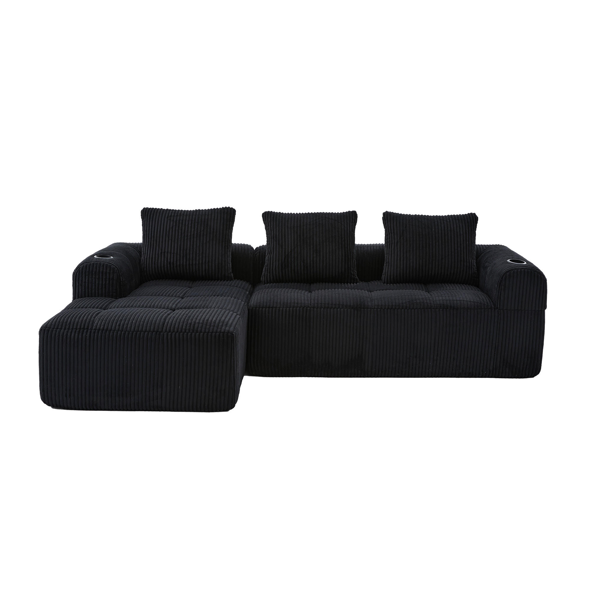 ECKSOFA Cord Schwarz mit Becherhaltern, Seitentaschen und mit Kissen - Schwarz, Textil (253/158cm) - WISHDOR