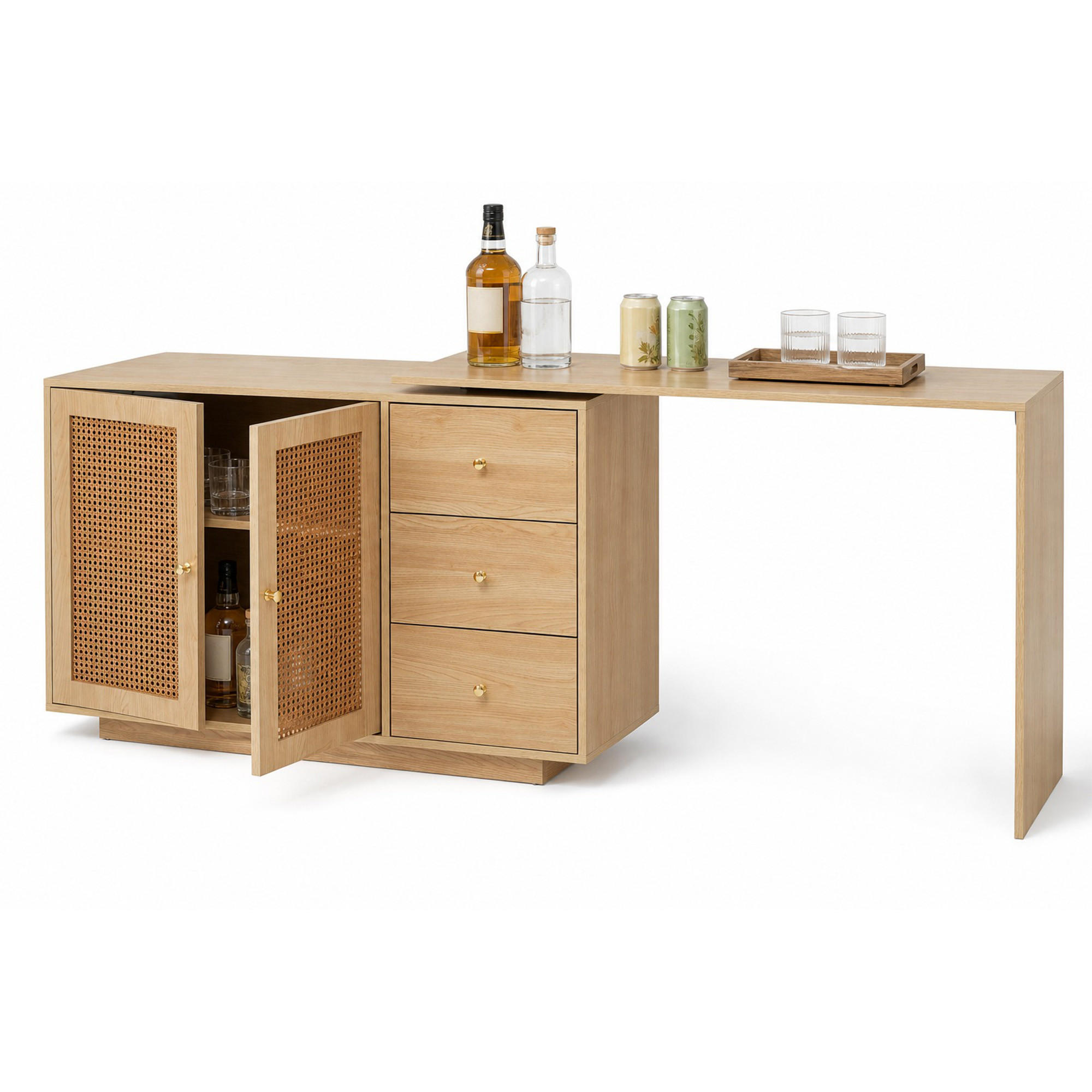 SCHREIBTISCH in Naturfarben L-förmig Eck-Computertisch mit Rattantüren Frisiertisch Büro Homeoffice B126/T40/H75cm - Naturfarben, Holzwerkstoff (40/126/75cm) - STILVORA