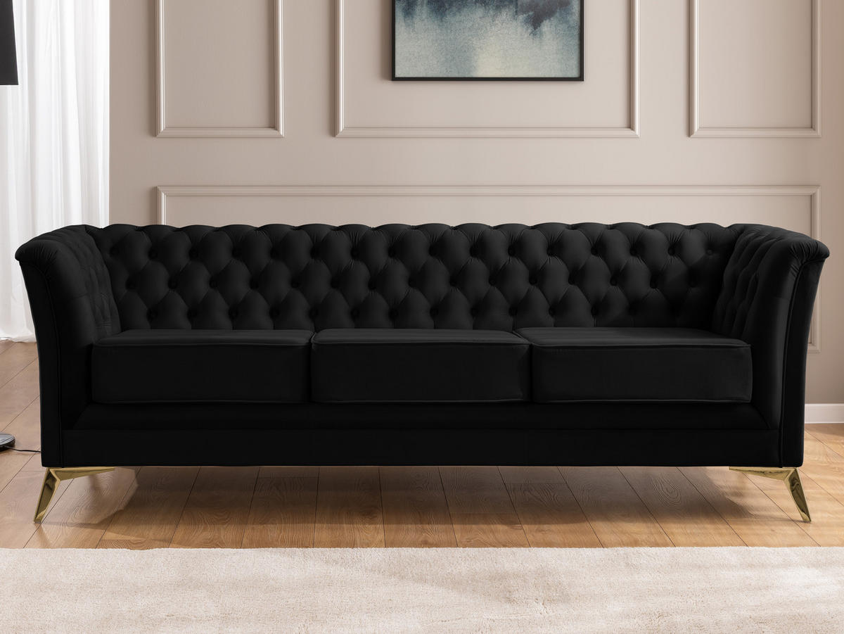 SITZGARNITUR 3+1 Chesterfield Whitby Schwarz Samt mit goldenen Füßen - Goldfarben/Schwarz, Holz/Textil (237/78/82cm) - S-Style Möbel