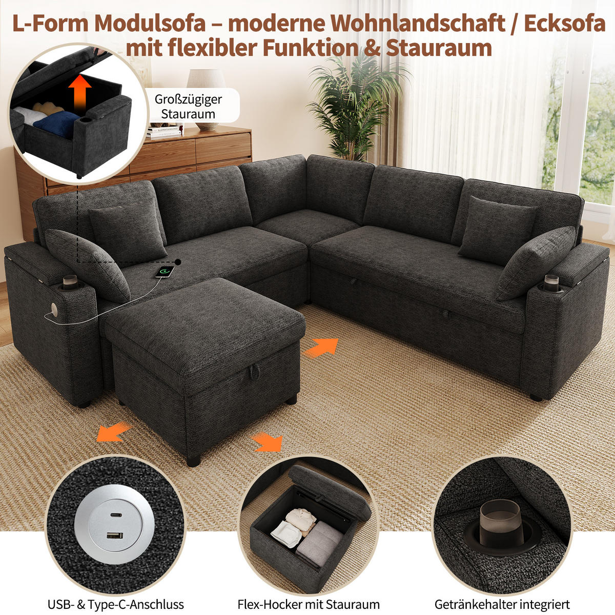 ECKSOFA mit Schlaffunktion Stauraum und USB Type-C - Grau, Textil (204/204cm) - EVRYAE