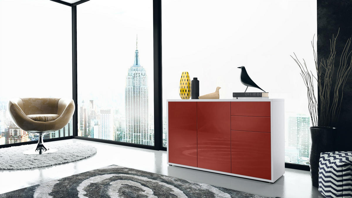 KOMMODE Ben Front in Bordeaux Hochglanz - Bordeaux, Holzwerkstoff (117/74/36cm) - Vladon