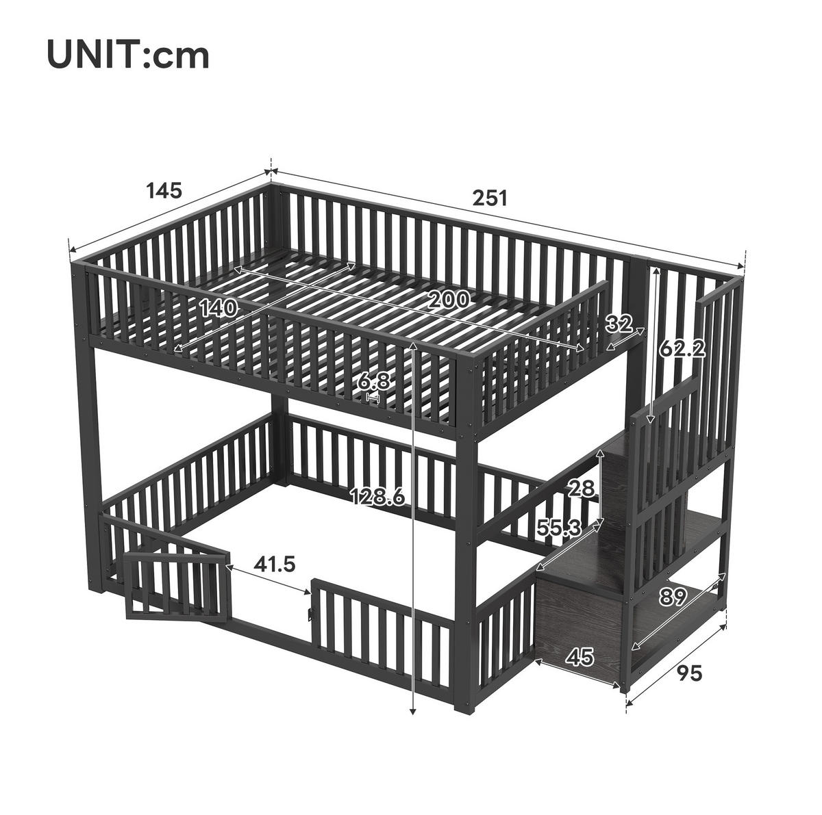 ETAGENBETT 140/200 cm aus Metall und MDF mit LED-Beleuchtung und Stauraumleiter, Schwarz - Schwarz, Holzwerkstoff (140/200cm) - Redom