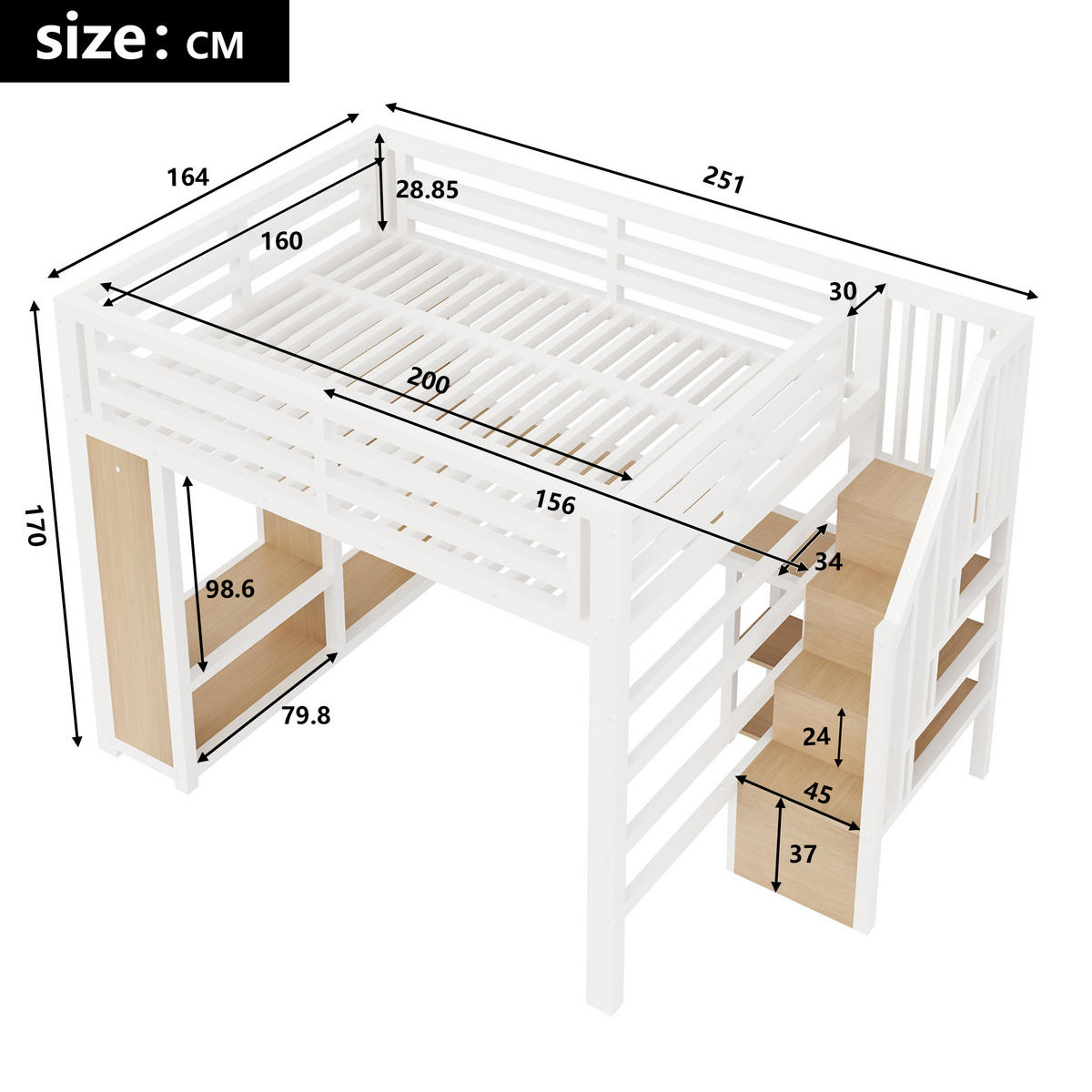 HOCHBETT 160/200 cm in Weiß mit Schreibtisch, Regal, offenem Kleiderschrank und Treppe aus Metall - Weiß, Metall (160/200cm) - STILVORA