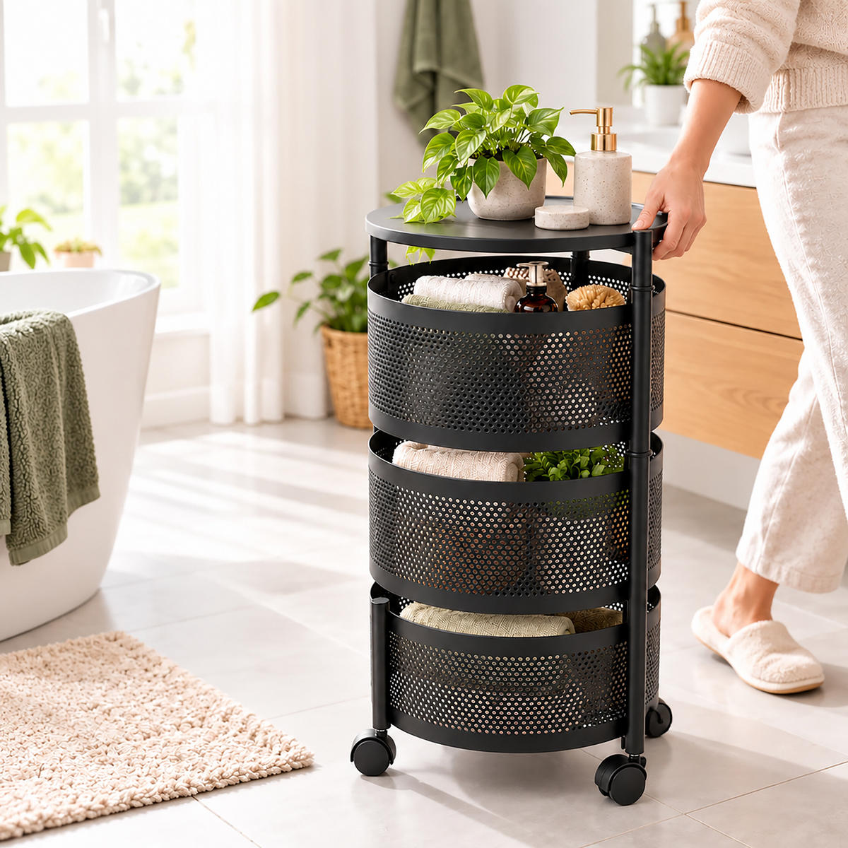 ROLLWAGEN Schwarz 3 Ablagen - Schwarz, Kunststoff/Metall (32/60/32cm) - Relaxdays