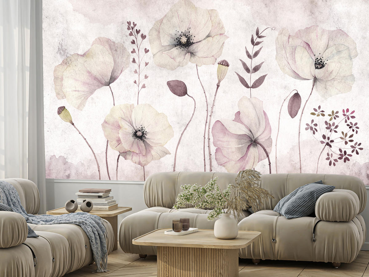 FOTOTAPETE für Schlafzimmer Zarte Mohnblumen Wiese Blumen 500x350 - Violett, Papier (500/350cm) - Muralo