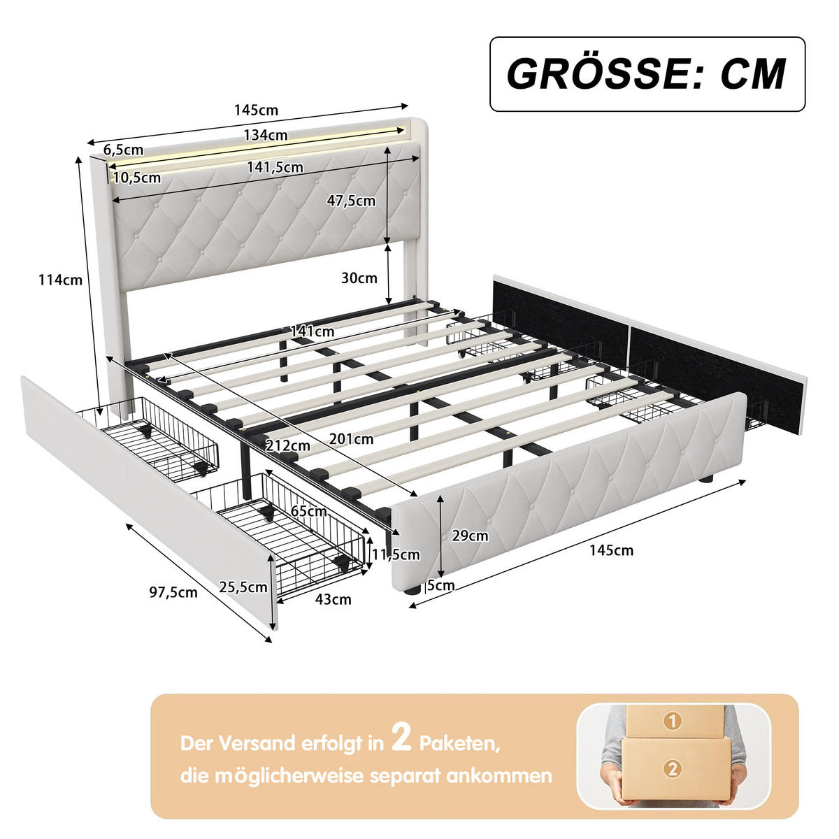 POLSTERBETT 140x200 cm mit 4 Schubladen, LED, USB & Type-C, Doppelbett Kopfteil und Lattenrost, Beige - Beige, Metall (140/200cm) - EuroLiving