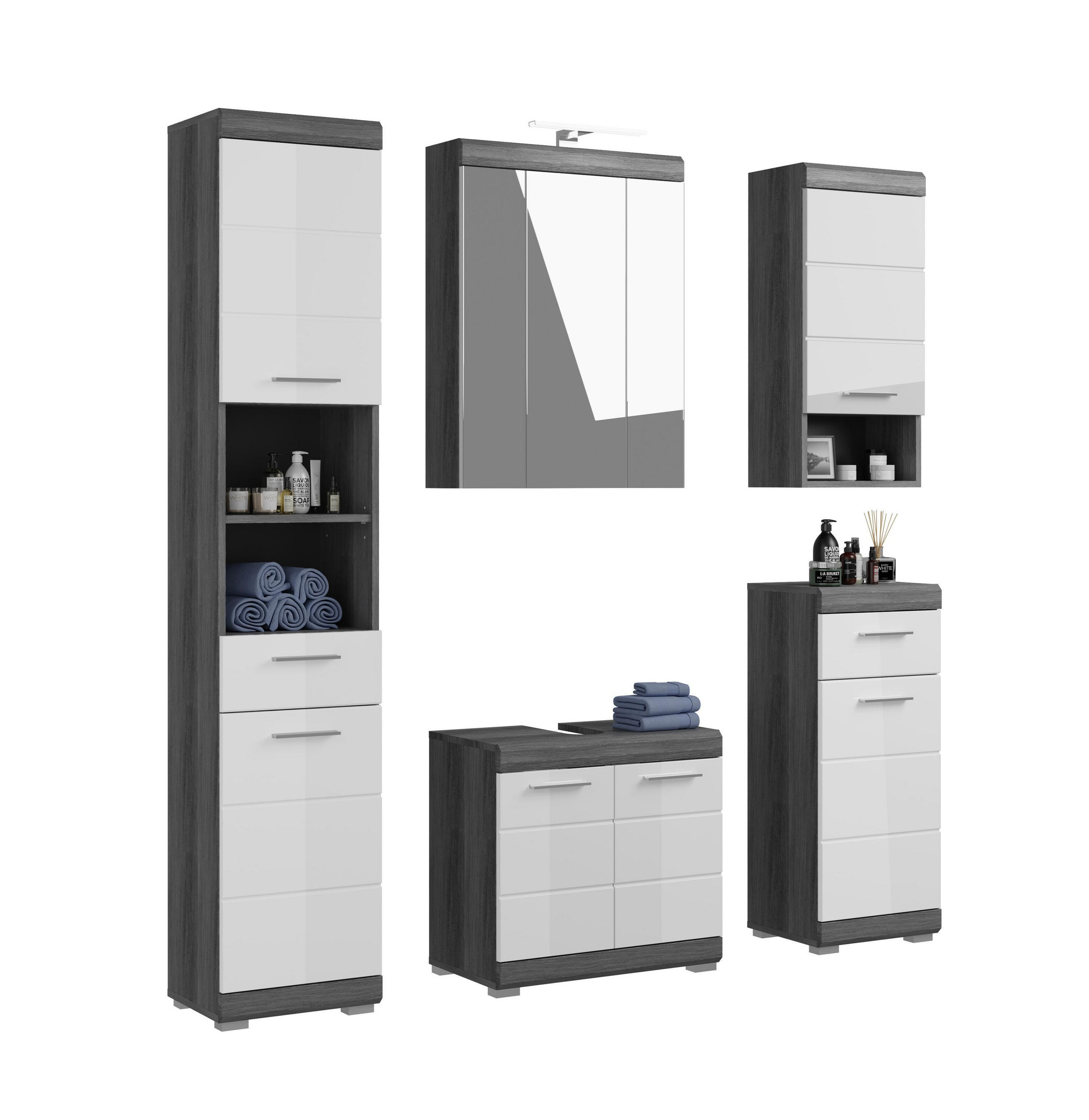 BADKOMBINATION 4tlg. Scout Bad in Rauchsilber Nachbildung und weiß hochglanz B/H/T: 164x191x34 cm - Anthrazit, Holz (164/191/34cm)