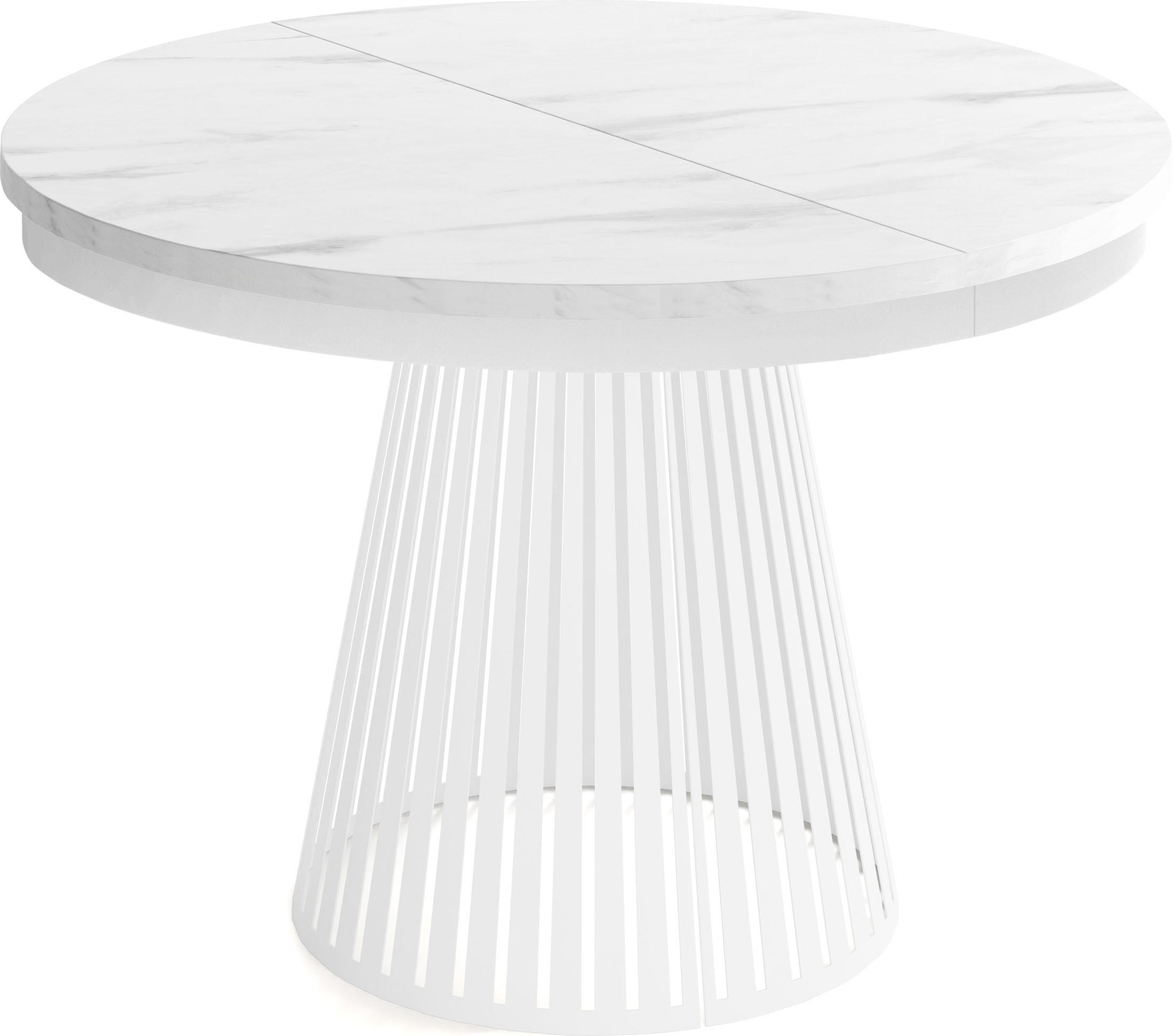 ESSTISCH Naro rund ausziehbar mit Weißem Lamellen-Metallgestell, Marmor Weiß 120-200/120/76 cm - Ecru/Weiß, Holzwerkstoff/Metall (120/120/76cm) - WFL GROUP