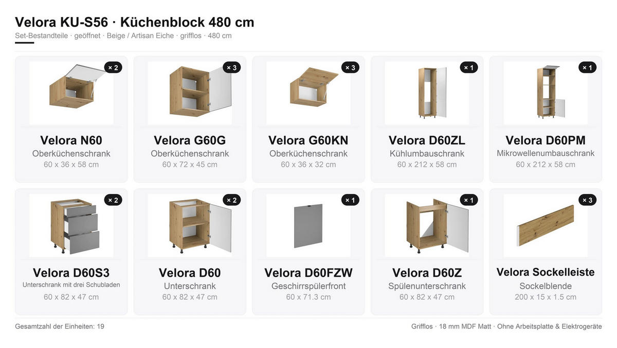 KÜCHENZEILE – Küchenblock 480 cm VELORA – KU-S56 – Beige / Artisan Eiche - Beige/Eiche Artisan, Holzwerkstoff (480/248/58cm) - hi-markt