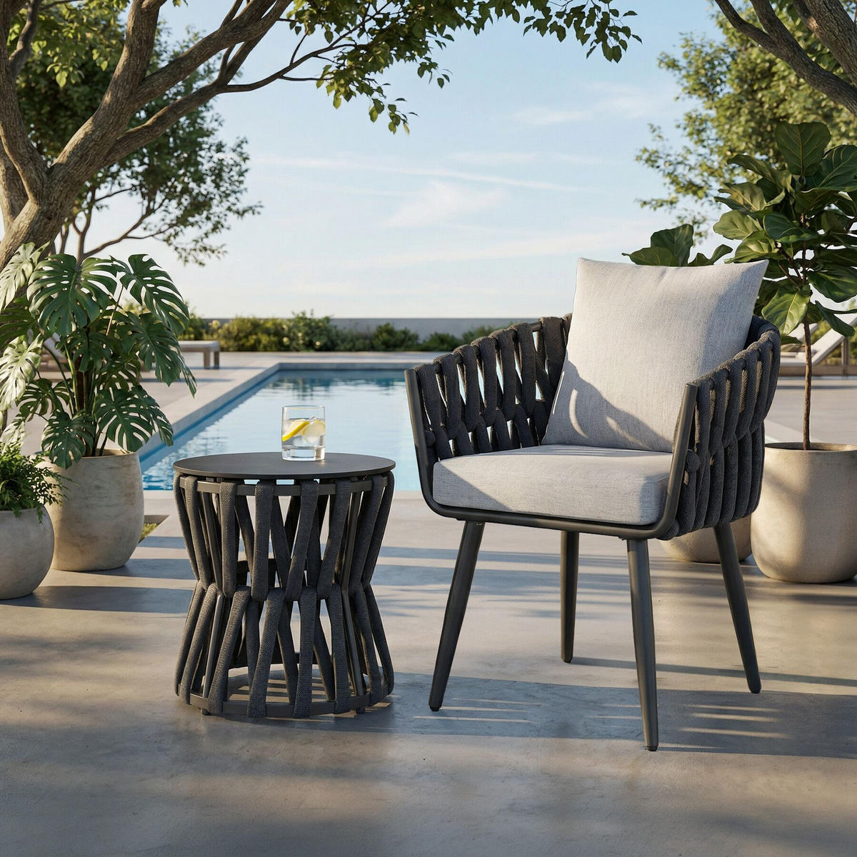 GARTENLOUNGE-SET Lugano, Rope-Design, Aluminium, anthrazit, Tisch Ø46cm & Stuhl 62,5x65,5x75cm - Anthrazit/Grau, Kunststoff/Metall - tectake
