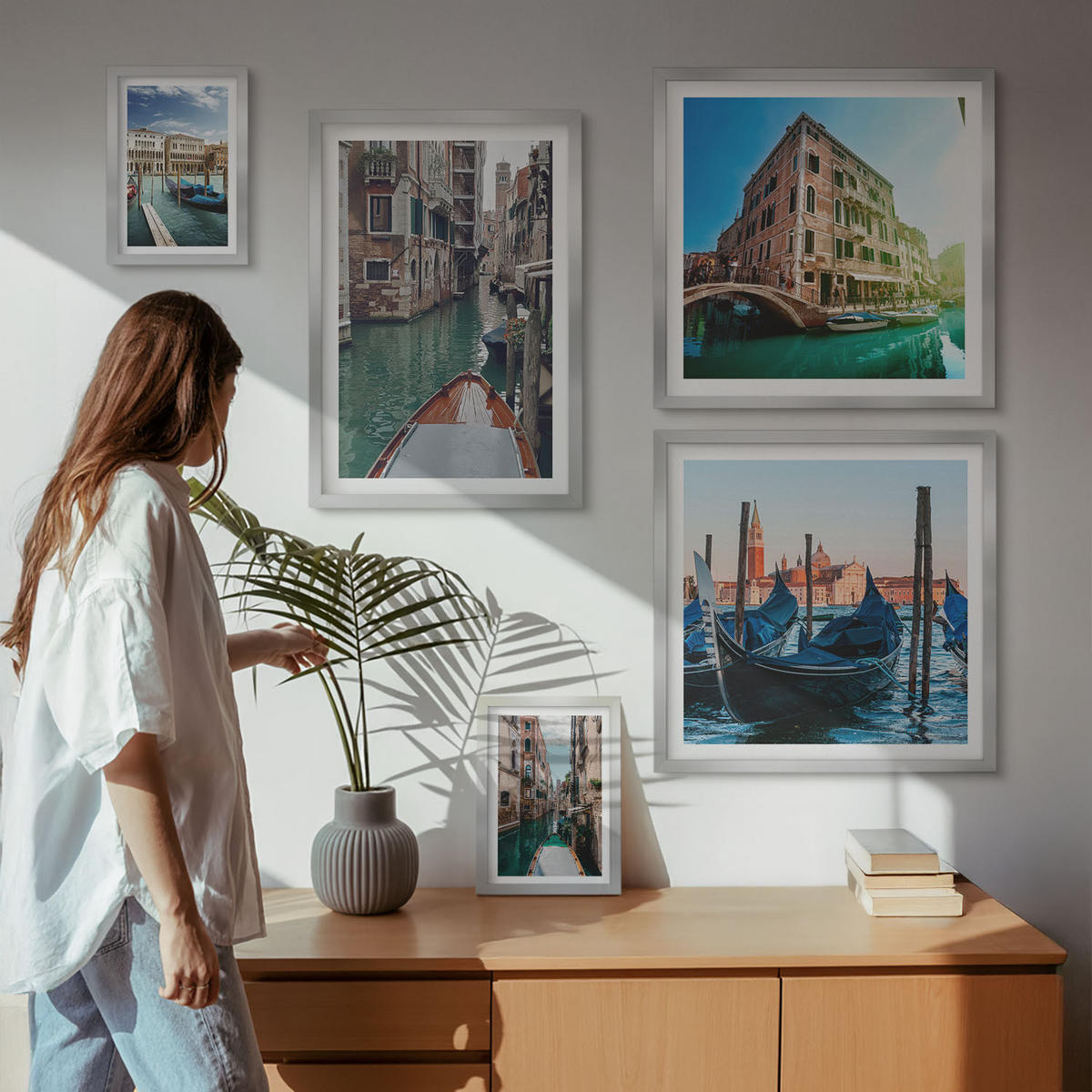 WANDBILDER 5er Set - 50x50 cm & 20x30 cm & 40x60 cm Silberner Rahmen - Küchenutensilienmuster Blätter - Silberfarben, Kunststoff (40/60cm) - ArtPrintCave