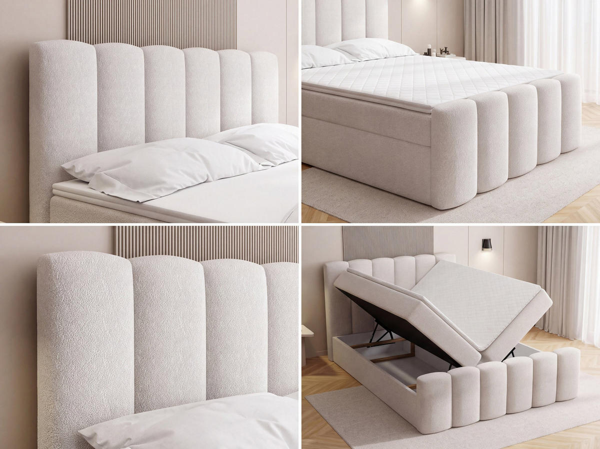BOXBETT Serenity mit Bettkasten, Boucle Creme 180x200 cm – inkl. H4 Taschenfederkern Matratze & Foam Topper - Creme/Schwarz, Holz/Holzwerkstoff (180/200cm) - WFL GROUP