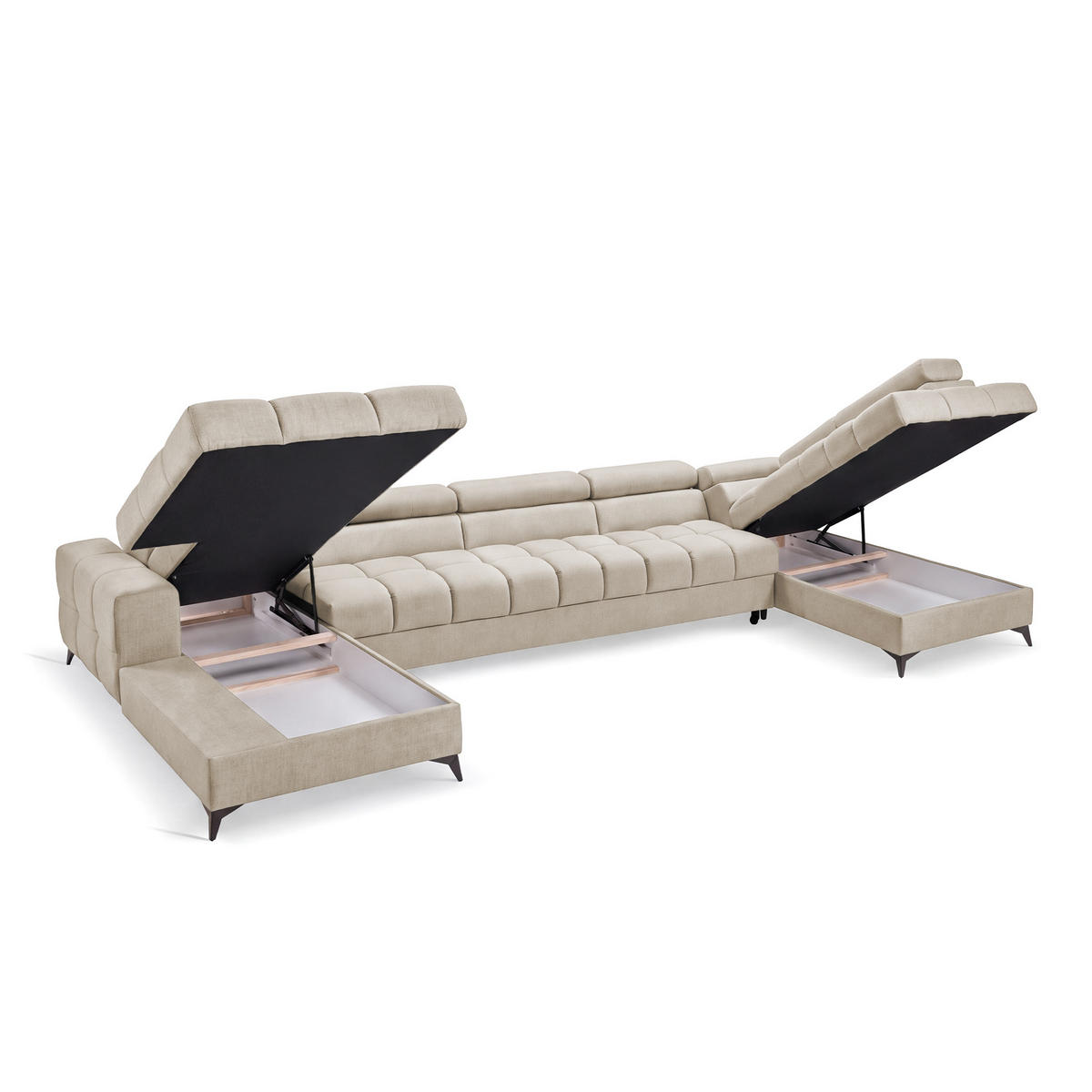 ECKSOFA PUDDING MAXI U Rechts mit Schlaffunktion 125x330 Velours Creme - Creme/Schwarz, Holz/Textil (421/203cm) - Muffo