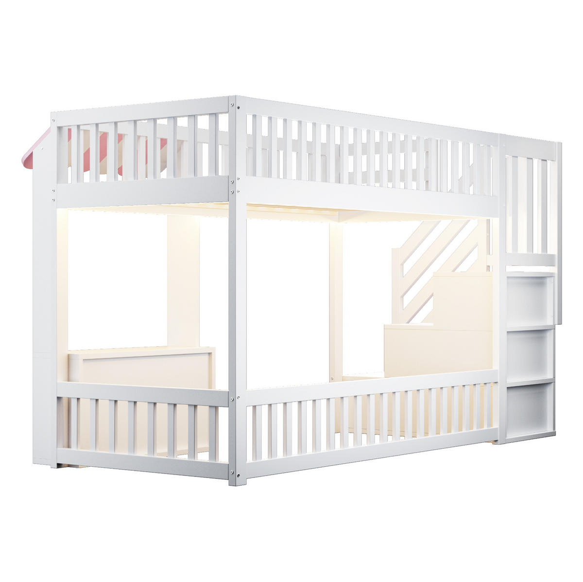 HOCHBETT 90/200 cm Pink/Weiß mit Stauraumtreppe und LED - Rosa, Holz (90/200cm) - MIVRAY