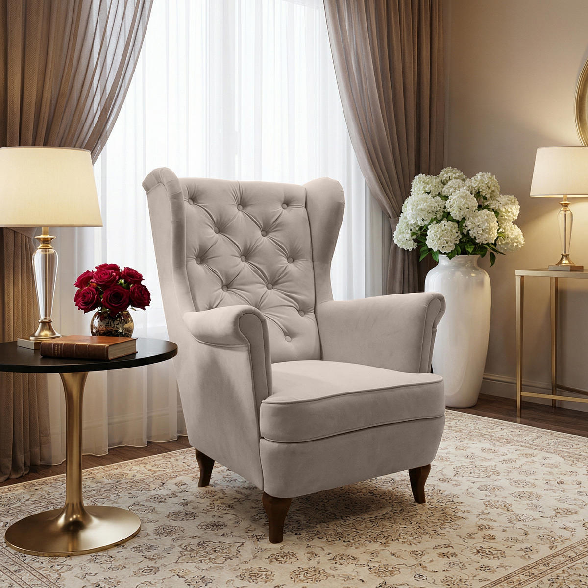 CHESTERFIELD-SESSEL Falco beige mit Holzbeinen - Wengefarben/Greige, Holz/Textil (82/102/92cm) - Beautysofa