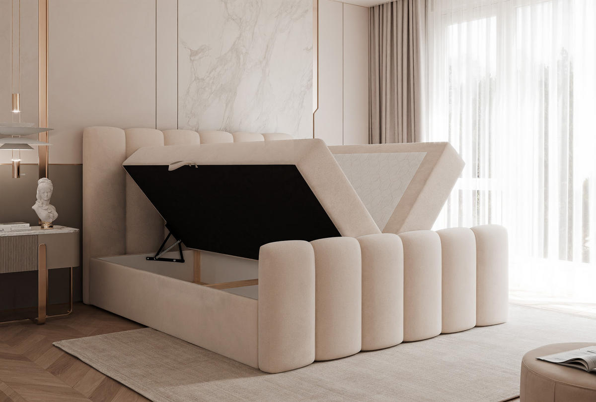 BOXBETT M3 120x200 cm Abriamo Boucle Bettkasten + Topper - Beige, Holz/Textil (120/200cm) - Comfortic