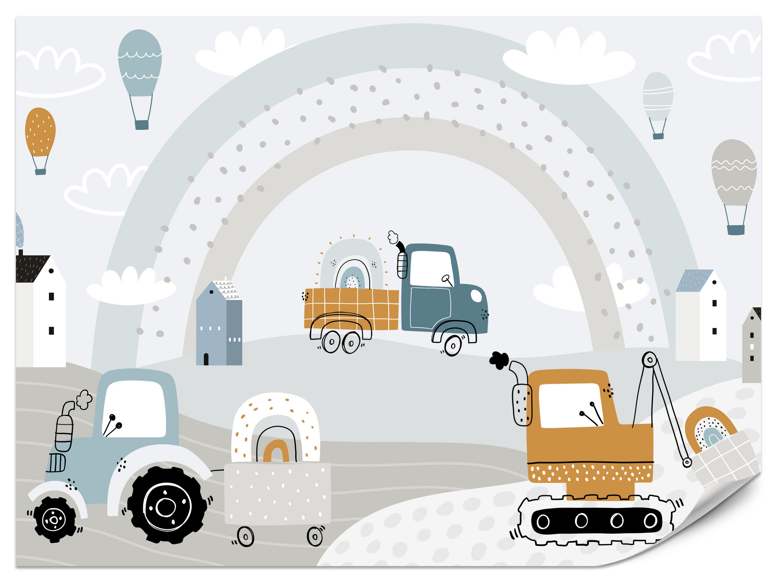 FOTOTAPETE für Kinderzimmer Baumaschinen Regenbogen Hügel Wolken 350x256 - Blau/Beige, Papier (350/256cm) - Muralo