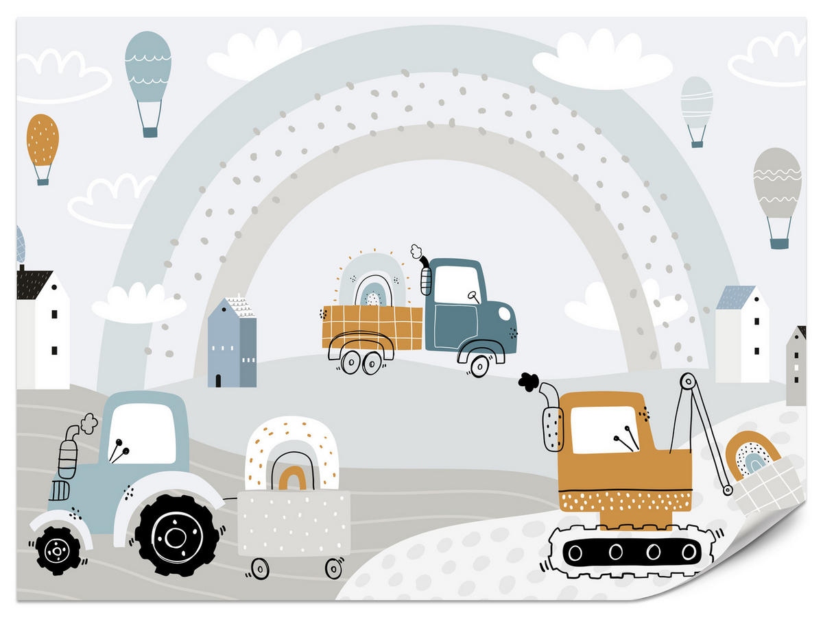 FOTOTAPETE für Kinderzimmer Baumaschinen Regenbogen Hügel Wolken 350x256 - Blau/Beige, Papier (350/256cm) - Muralo