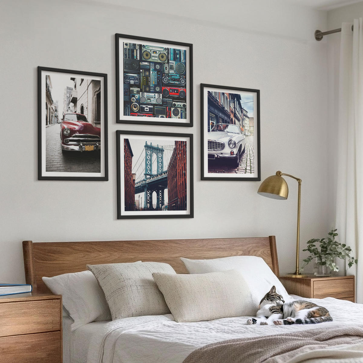 WANDBILDER 4er-Set - 50x50 cm & 40x60 cm Schwarzer Rahmen - Old Cars Brooklyn Retro-Audio - Schwarz, Kunststoff (50/50cm) - ArtPrintCave