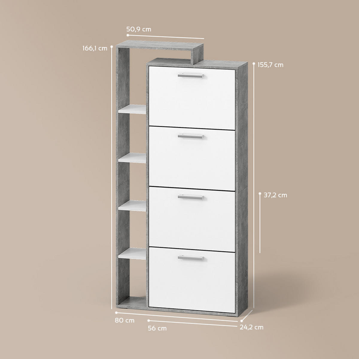 SCHUHKIPPER Ortello Weiß/Beton 80 x 166.1 cm mit 4 Fächern - Weiß/Grau, Holzwerkstoff (80/166.1/24.2cm) - Livinity®