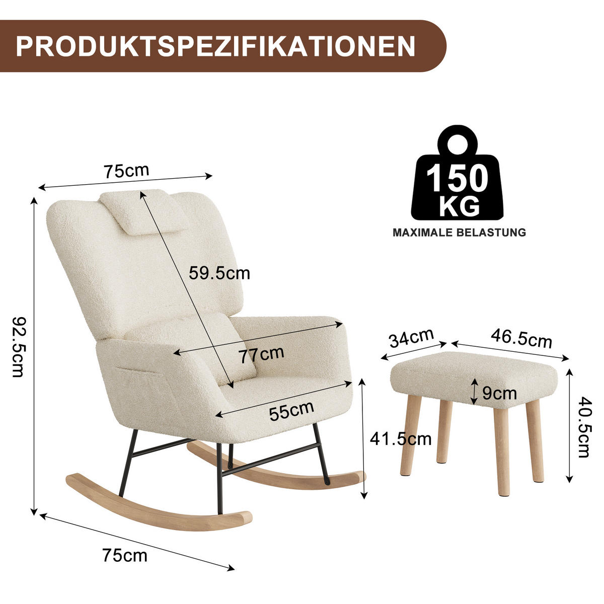 SCHAUKELSTUHL mit Hocker, Beige ,Lendenkissen, Kopfstütze, Seitentaschen und Massivholzsockel, Lammwolle Stoff-für Wohnzimmer, Schlafzimmer - Ecru, Holz/Metall (75/42/93cm) - BursDany