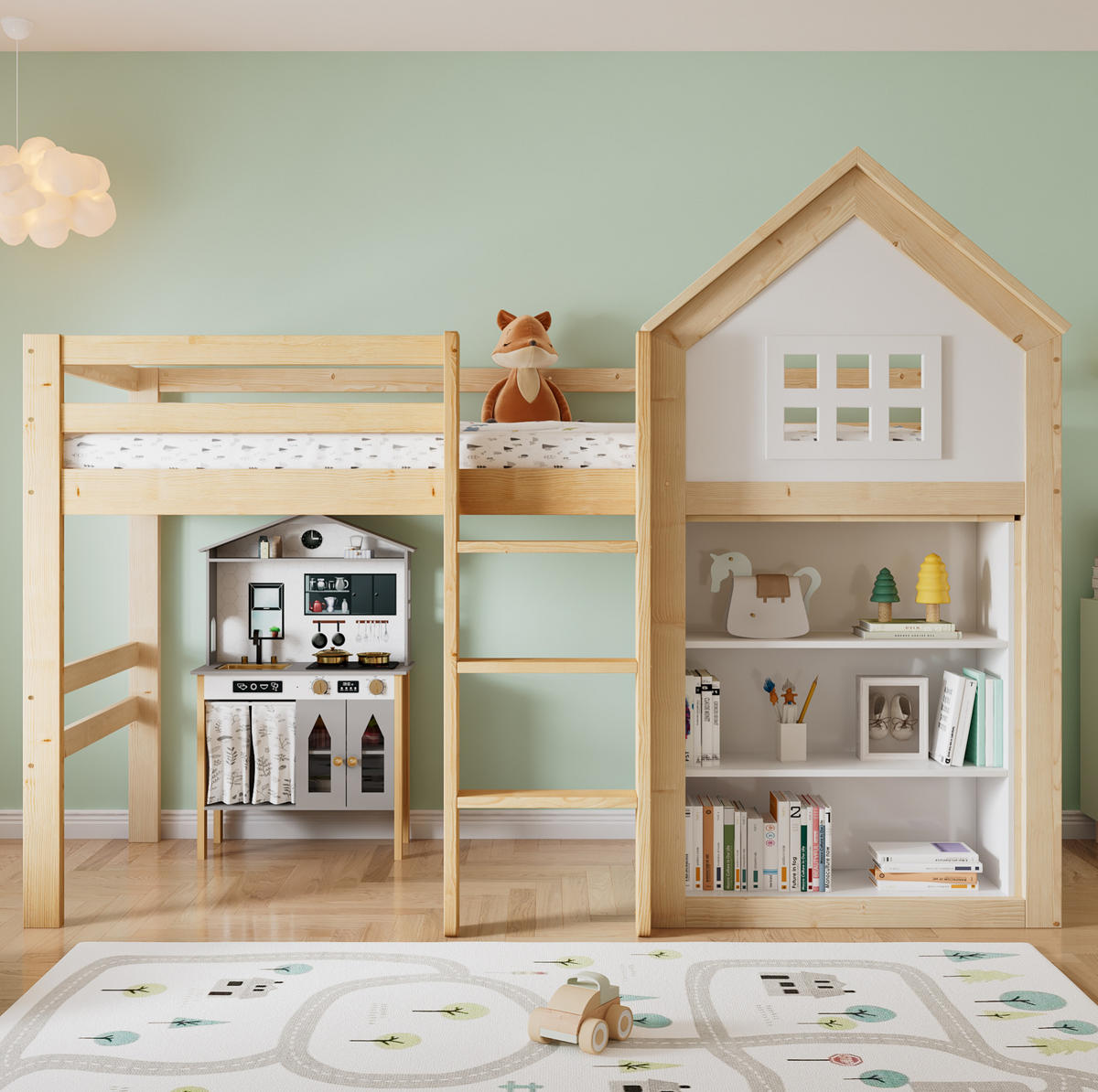 HOCHBETT Hausdesign 90/200 cm Weiß Natur mit Staufächern, Schubladen ohne Matratze - Weiß, Holz (90/200cm) - MIVRAY