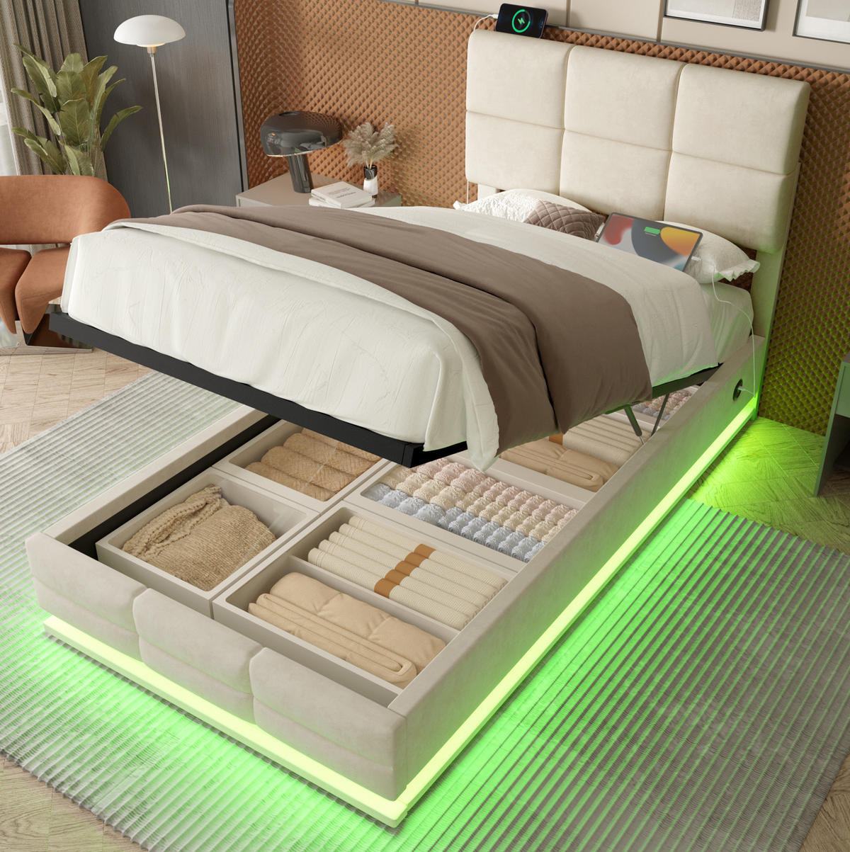BETT mit Stauraum 90x200 cm Samt Beige - Beige, Metall (90/200cm) - Meubliv