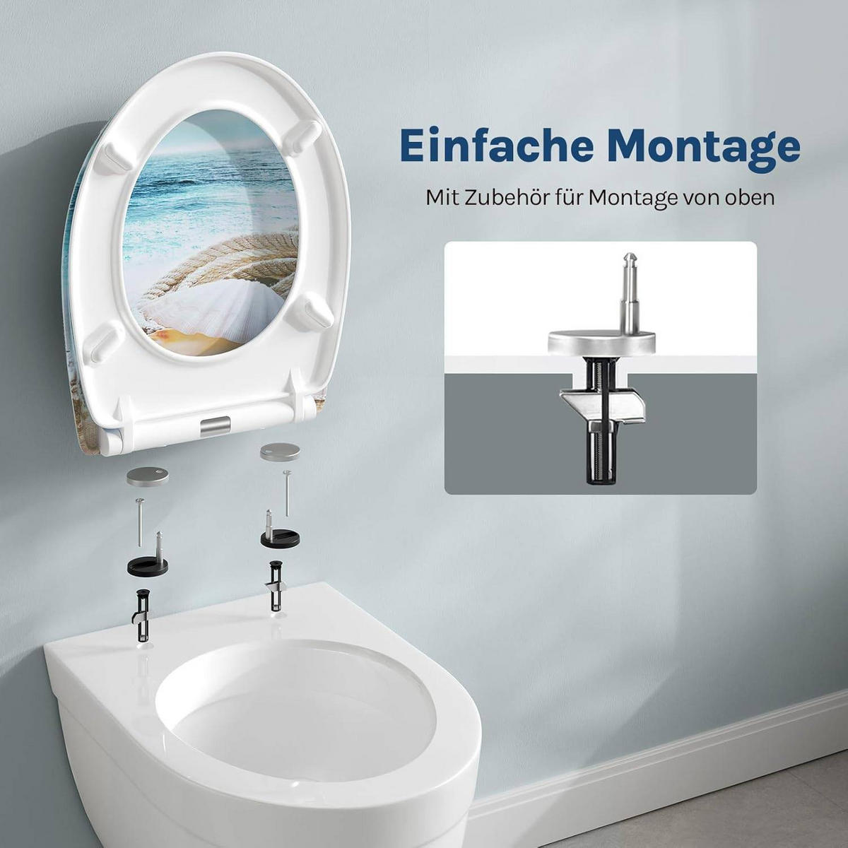 TOILETTENDECKEL mit Absenkautomatik, Duroplast, Weiße Perle - Blau/Weiß, Kunststoff (37/2.5/45cm) - Woltu