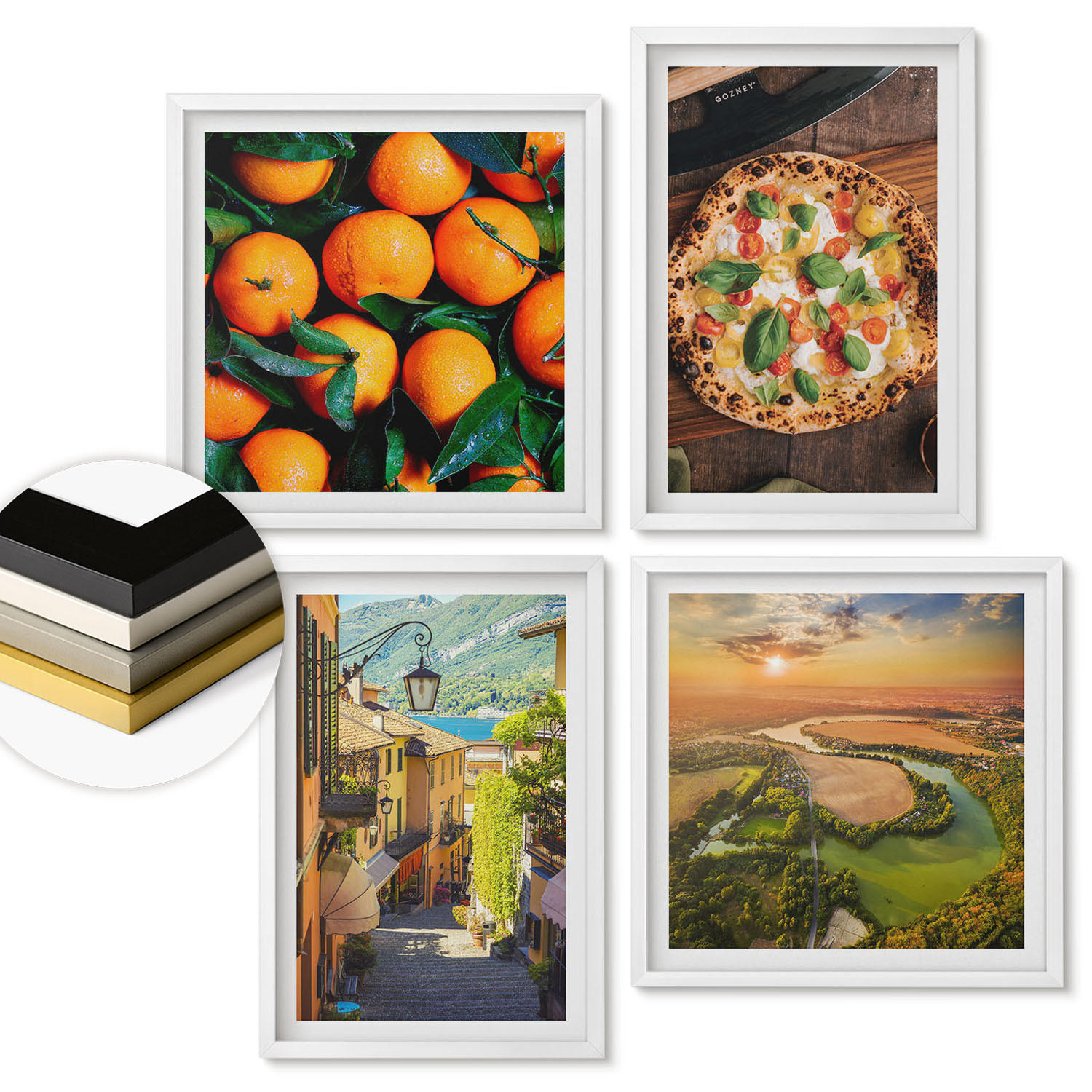 WANDBILDER 4er-Set - 50x50 cm & 40x60 cm Weißer Rahmen - Italienische Flüsse, Hügel, Straße - Weiß, Kunststoff (50/50cm) - ArtPrintCave