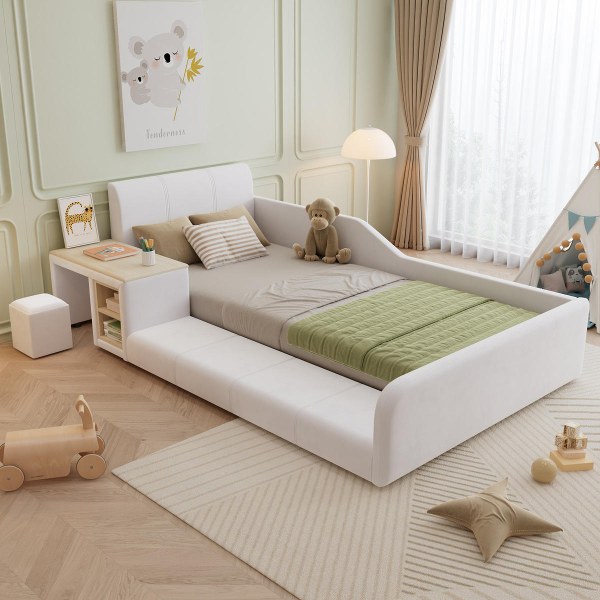 KINDERBETT 90/200 cm in Weiß mit Schreibtisch, Hocker und Ablageboden Samt - Weiß, Holzwerkstoff/Textil (90/200cm) - CHICFURN